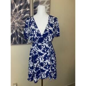 LULU's Morning Blooms Sz Med Blue Floral Wrap Tie Dress